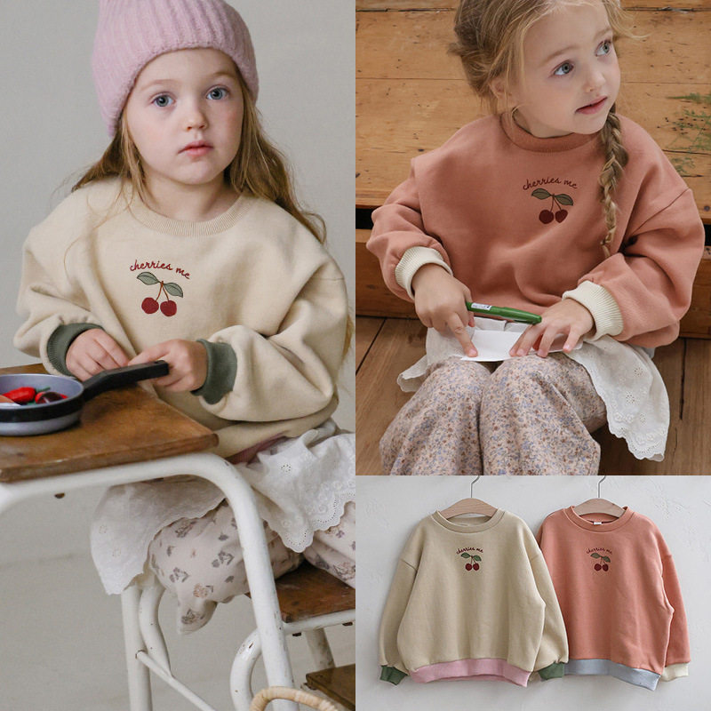 秋冬女童加绒卫衣女孩樱桃圆领长袖上衣打底运动衫