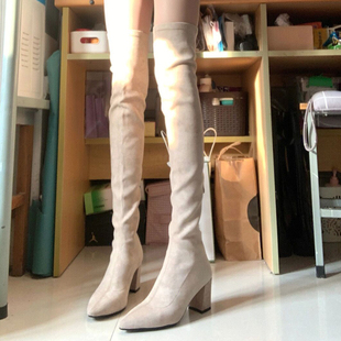 过膝长靴女款2026新款早秋尖头粗高跟爆款大码瘦瘦靴高筒弹力靴子