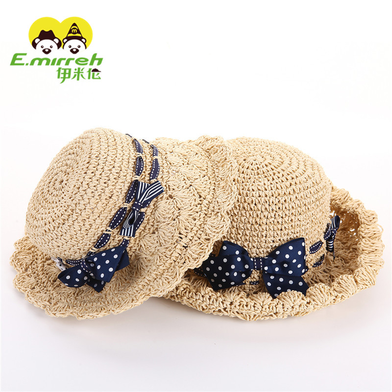 伊米伦大檐亲子太阳帽母女夏季出游遮阳帽韩版手工宝宝草帽夏凉帽