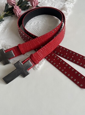 朋克摇滚嘻哈红色十字扣腰带