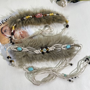 波西米亚毛毛腰链女复古配大衣收腰亚文化编绳腰带y2k仿皮草皮带