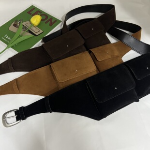韩国新款 棕色麂皮绒宽腰带女胸包秋冬高级感腰包皮带搭配裙子腰封