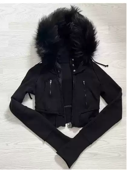 Retro Sexy Black Fur Collar Hooded Sweatshirt Jacket with Spliced Visual Design Niche Wasteland Style Short Top