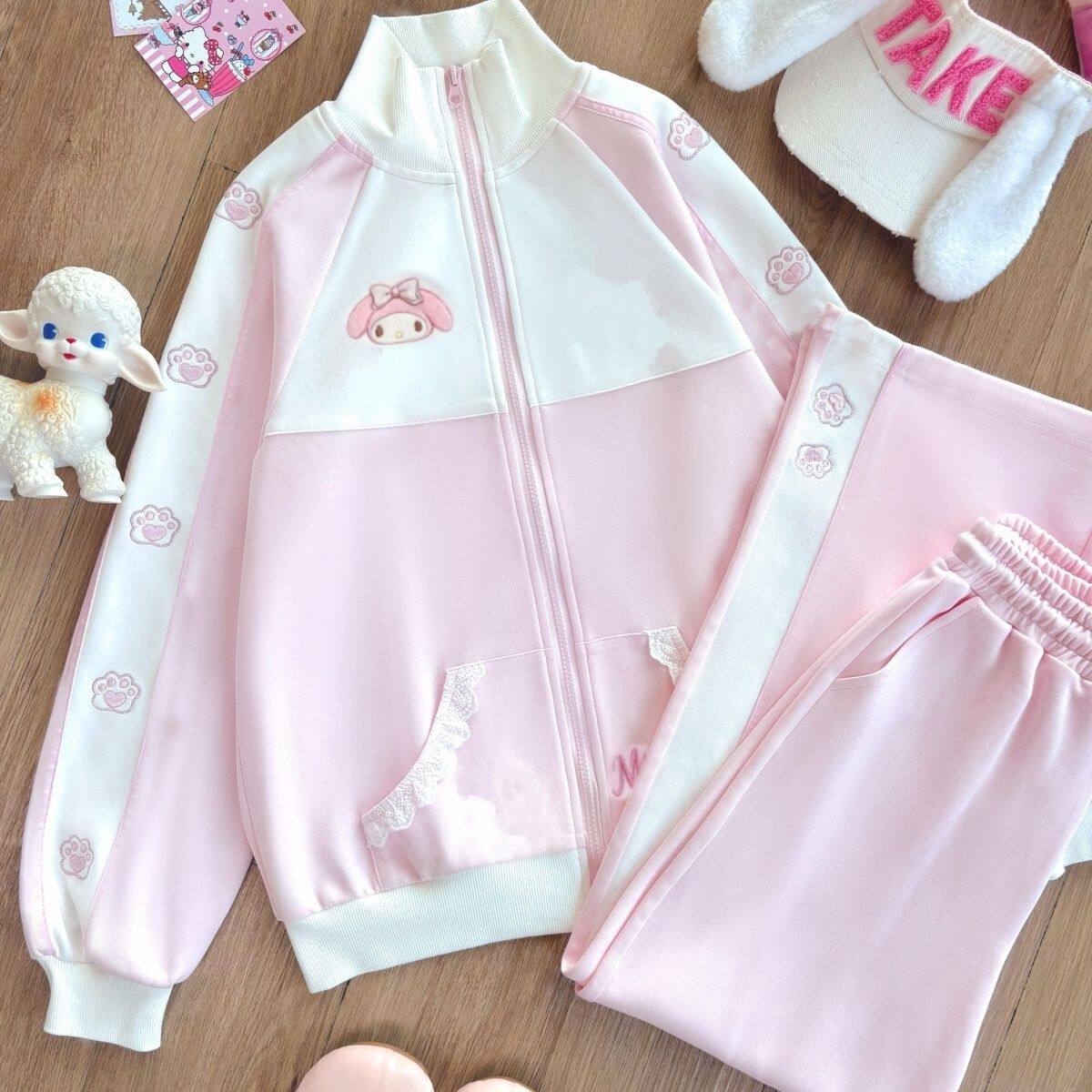 thumbnail for Japanese sweet and cute Melody embroidered pollen white stand-up collar zipper sweatshirt jacket athleisure student trousers autumn