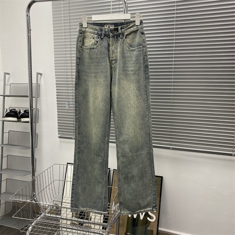 巴家风 韩风New Vintage 小众泥黄复古水洗中腰微喇叭牛仔裤男女