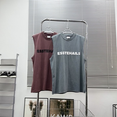 E**ENTIALS复线新款字母背心水洗做旧vintage潮牌高街打底衫男