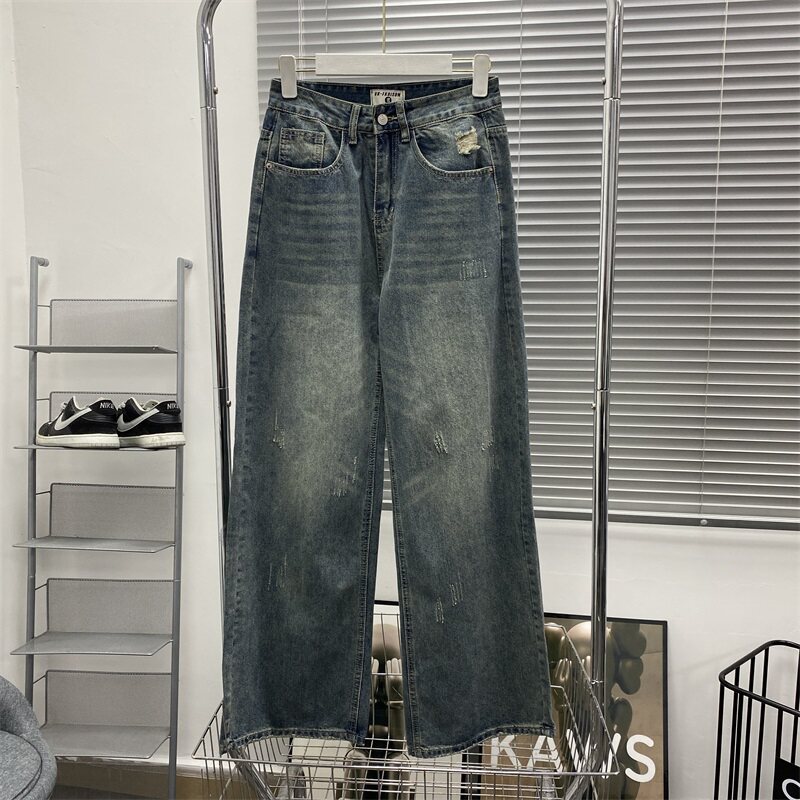 美式水洗怀旧高街休闲直筒阔腿牛仔男女复古vintage破坏脚口长裤
