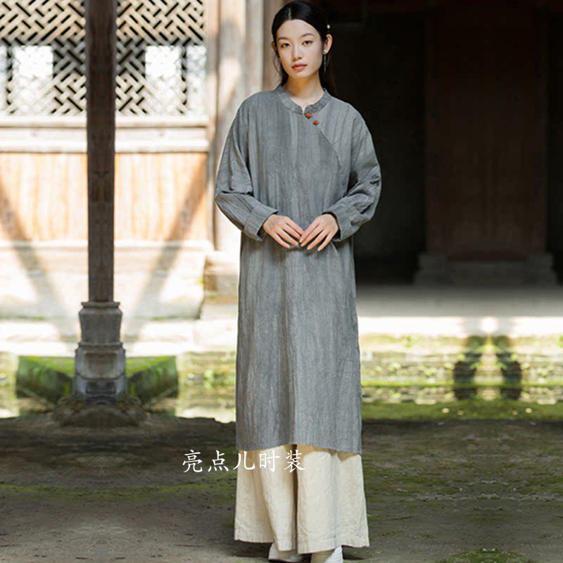 苎麻短袖中长款连衣裙宽松复古夏季显瘦气质文艺棉麻中国风女装裙