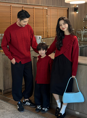 亲子装拜年服全家福服装2026新年一家三口四扣母女装过年红色毛衣