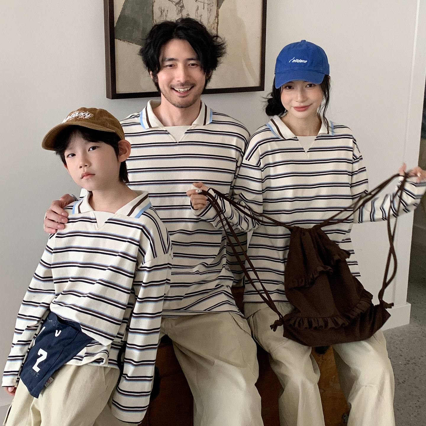 亲子装一家三口春秋条纹 polo 衫宽松翻领长袖母子母女装休闲上衣