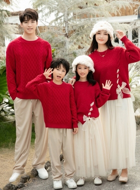 独特别致亲子装秋冬毛衣一家三口四红色全家福高端母子母女装季天