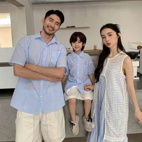 夏季韩系蓝白条纹亲子短袖连衣裙