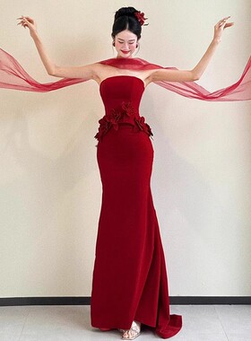 敬酒服新娘高级感轻奢小众抹胸结婚回门订婚宴会红色鱼尾晚礼服女