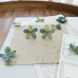 绿色复古永生花立体绣球浮夸日本耳夹可爱纯银耳钉莫兰迪色耳环