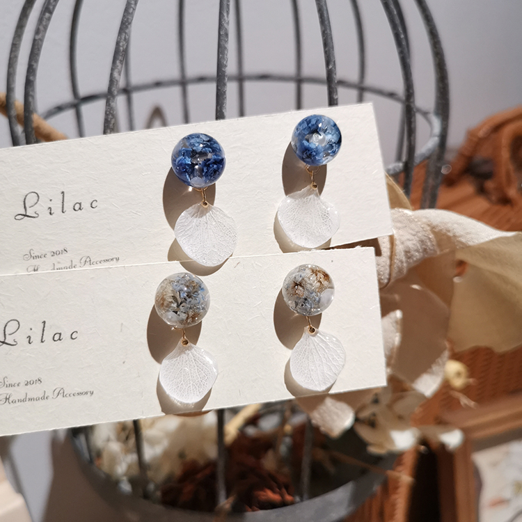 LILAC原创日系手作 超仙蓝色系永生真花瓣通透清新感小球耳环夹钉