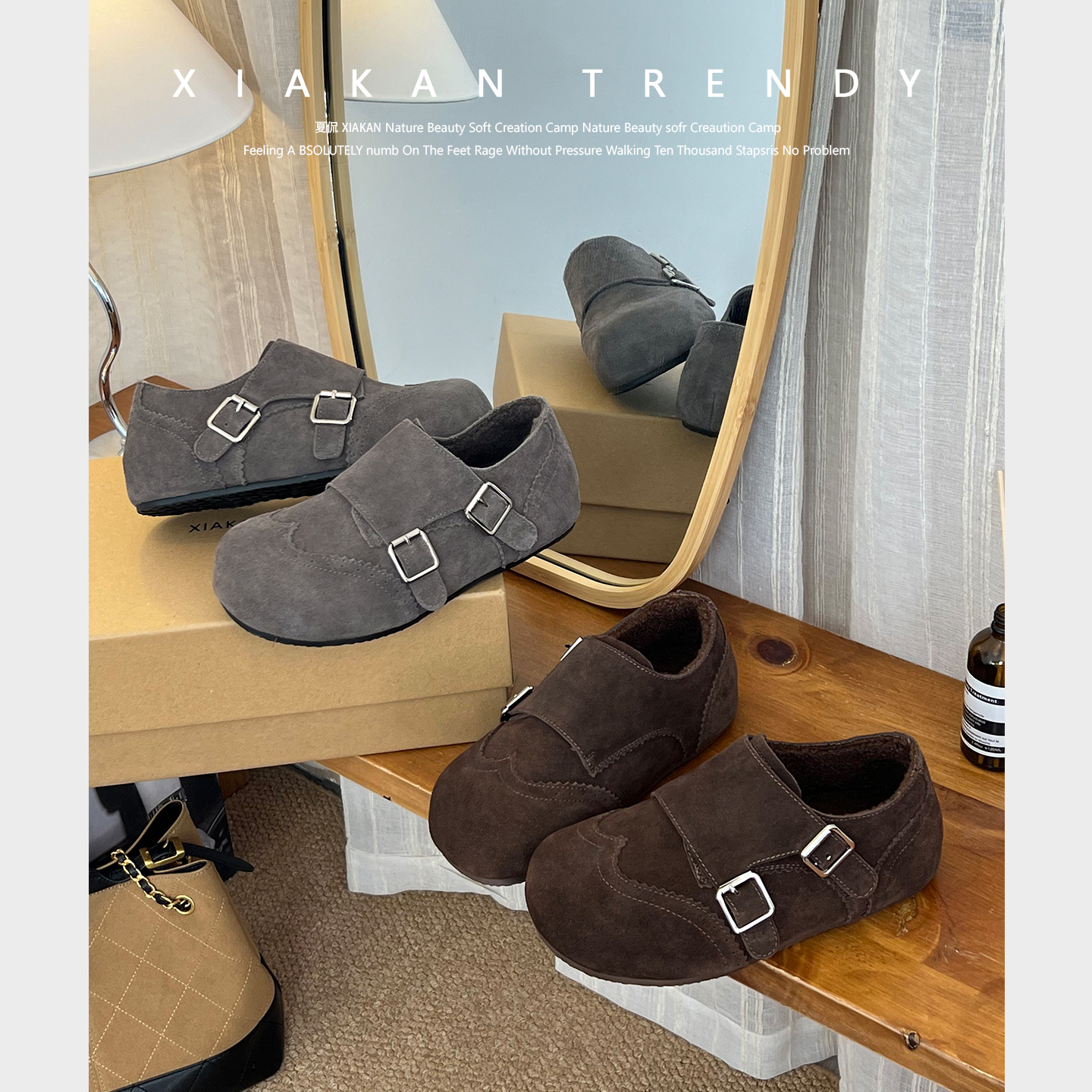 夏侃XIAKAN  时尚皮带扣加绒保暖勃肯鞋女2025冬季复古休闲毛毛鞋