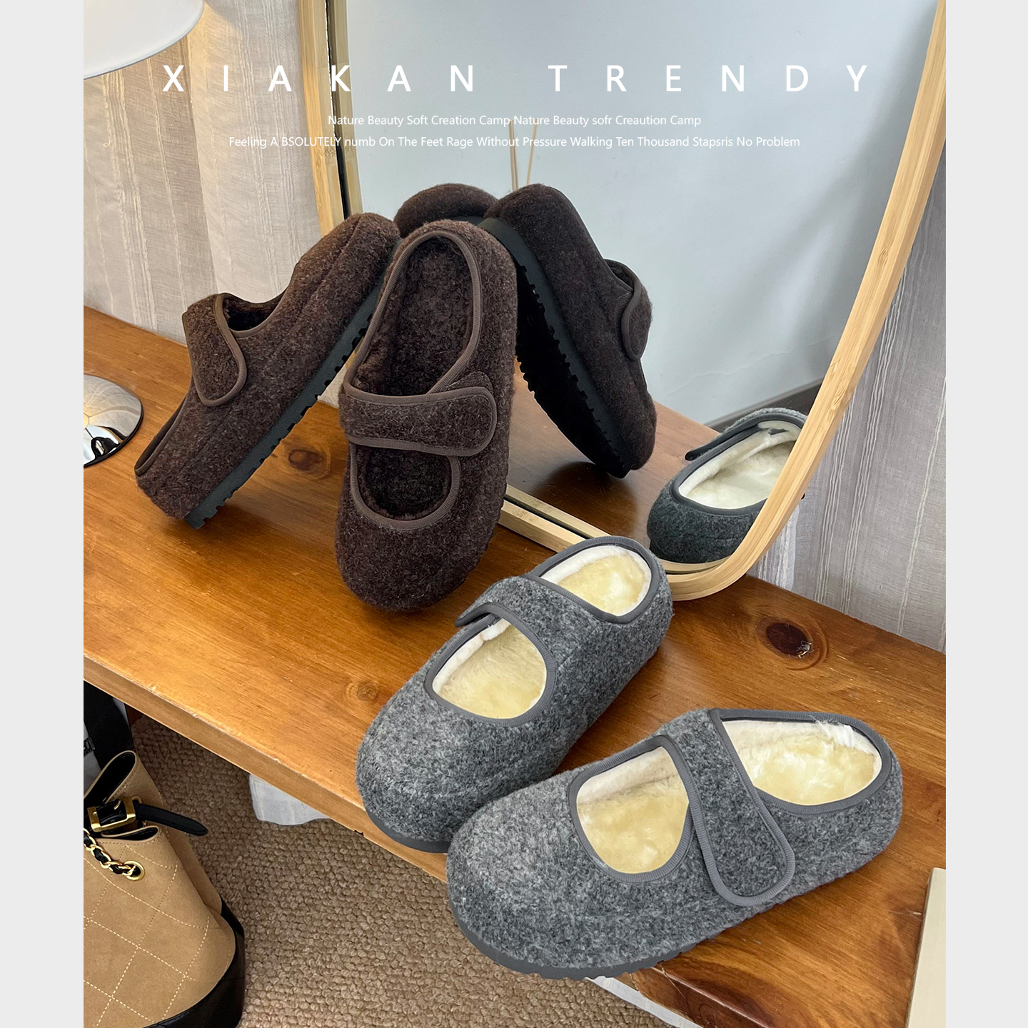 夏侃XIAKAN  加绒保暖玛丽珍鞋女2025冬季毛毛勃肯鞋百搭休闲半拖