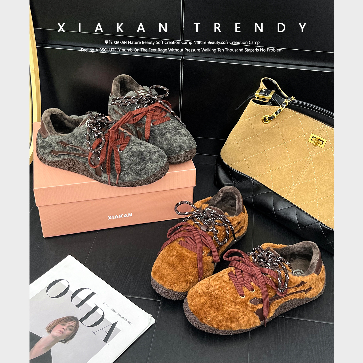 夏侃XIAKAN  欧若风复古毛毛德训鞋女冬季薄绒保暖运动时尚休闲鞋