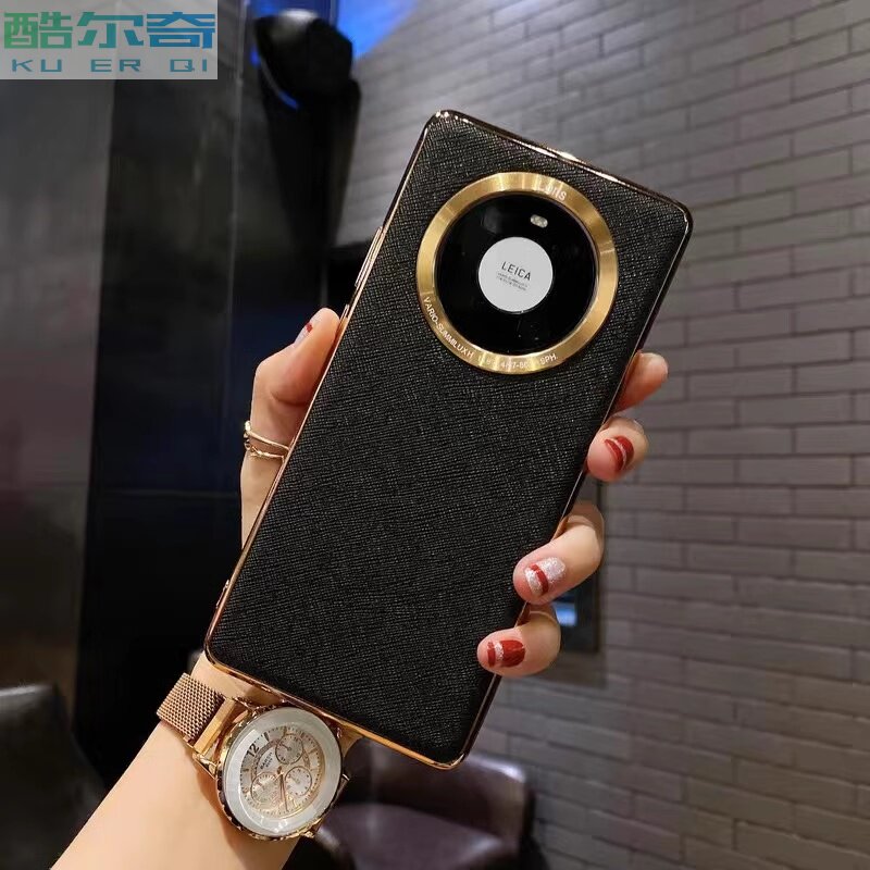 适用华为mate60/50/40/30pro手机壳曲屏新款真皮全包边超薄背壳防摔电镀皮纹保护套商务高档外壳轻奢十字纹