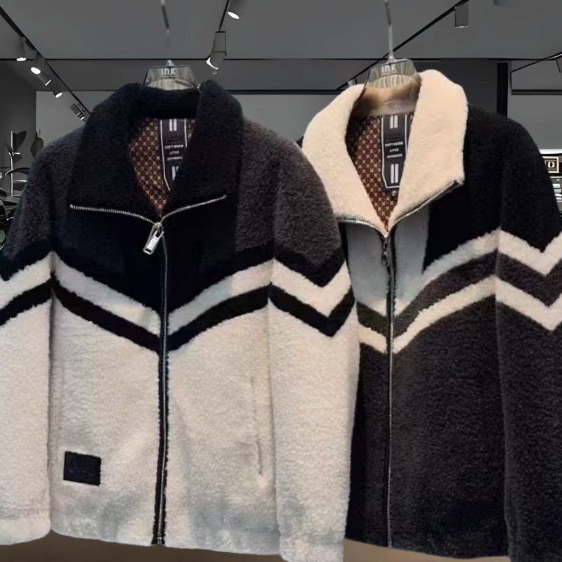 高端羊毛皮草夹克男2025冬季时尚个性拼色颗粒绒立领保暖外套