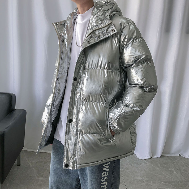 Cotton padded jacket male hooded loose winter thickened cotton coat bright cotton padded jacket for warmth