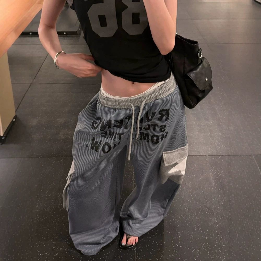 美式复古条纹宽松直筒跳舞卫裤女