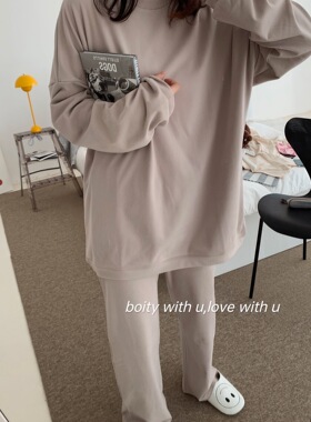 可外穿韩版多色亲肤绒多色秋冬针织家居服纯色宽松圆领套装家居服