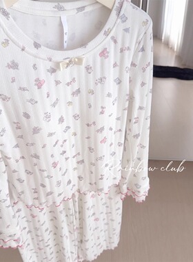 含胸垫糯叽叽可爱卡通甜美花边长袖T恤长裤家居服睡衣套装可外穿