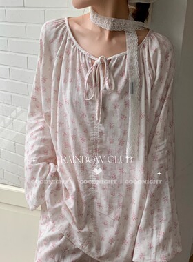 四季全棉双层纱布蔷薇花宽松加大长袖长裤睡衣家居服套装可外穿女