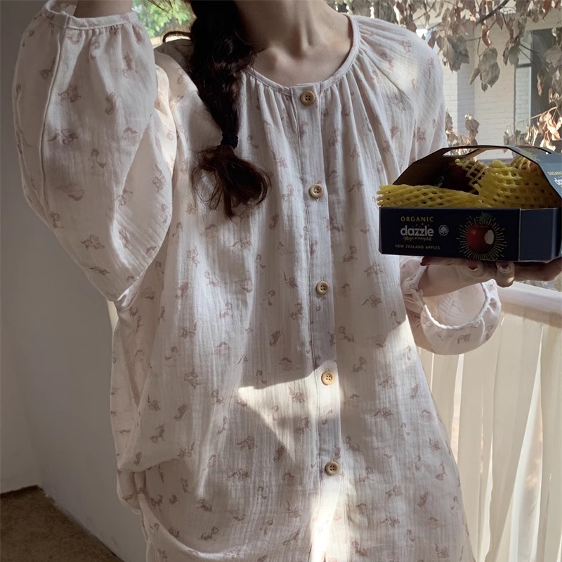 秋女温柔双层纱布圆领长裤睡衣