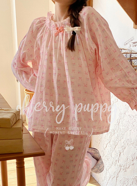 CHERRY PUPPY套装碎花蝴蝶结可爱休闲长袖长裤睡衣居家服舒适女士