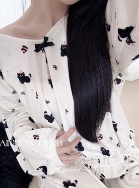 海岛绒秋冬亲肤绒可爱黑色波点猫咪V领可露肩性感甜美家居服睡衣