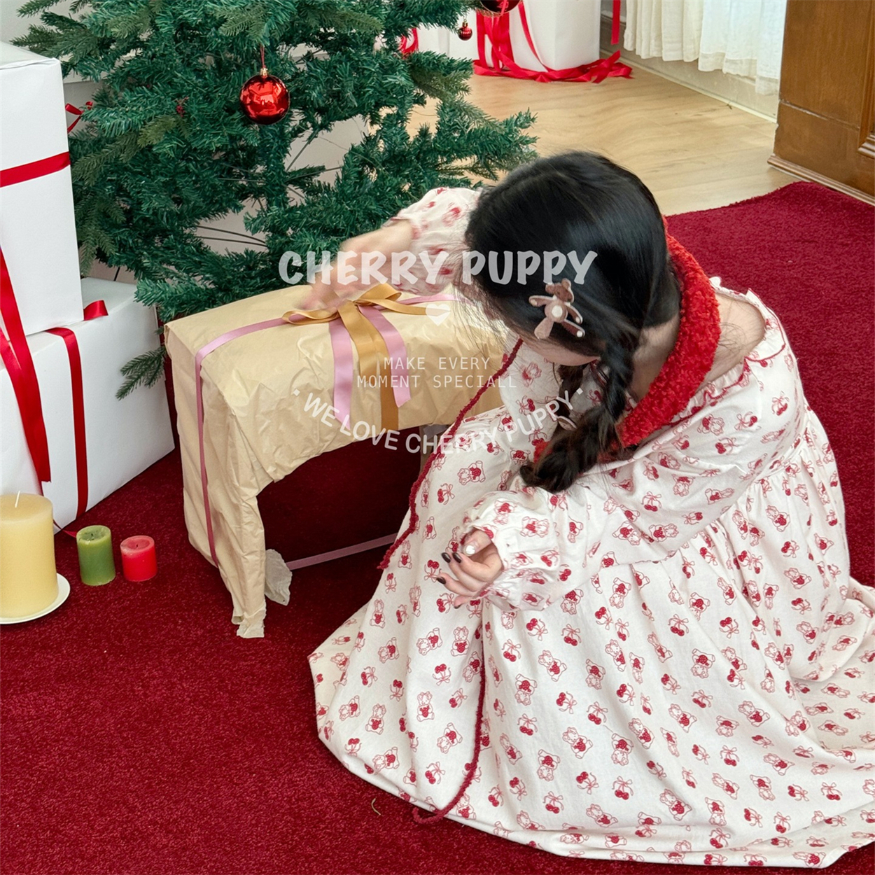 CHERRY PUPPY睡裙草莓抱抱熊长袖拉绒全棉磨毛睡衣居家服女士裙子
