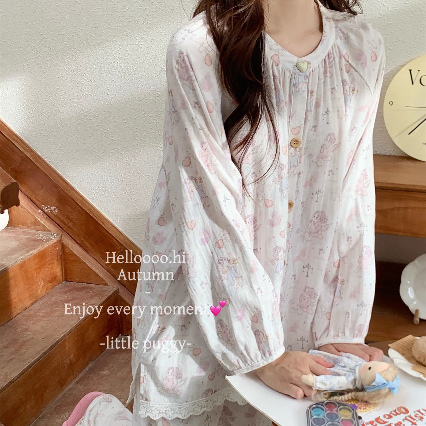 四季全棉双层纱布花边宽松家居服