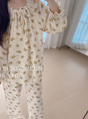 四季全棉纱布绉布清新花花黄色小苍兰甜美宽松长袖长裤睡衣家居服