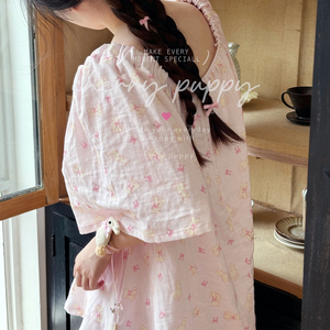 蝴蝶结猫咪套装CHERRY PUPPY全棉双层棉纱睡衣居家服亲肤舒适宽松