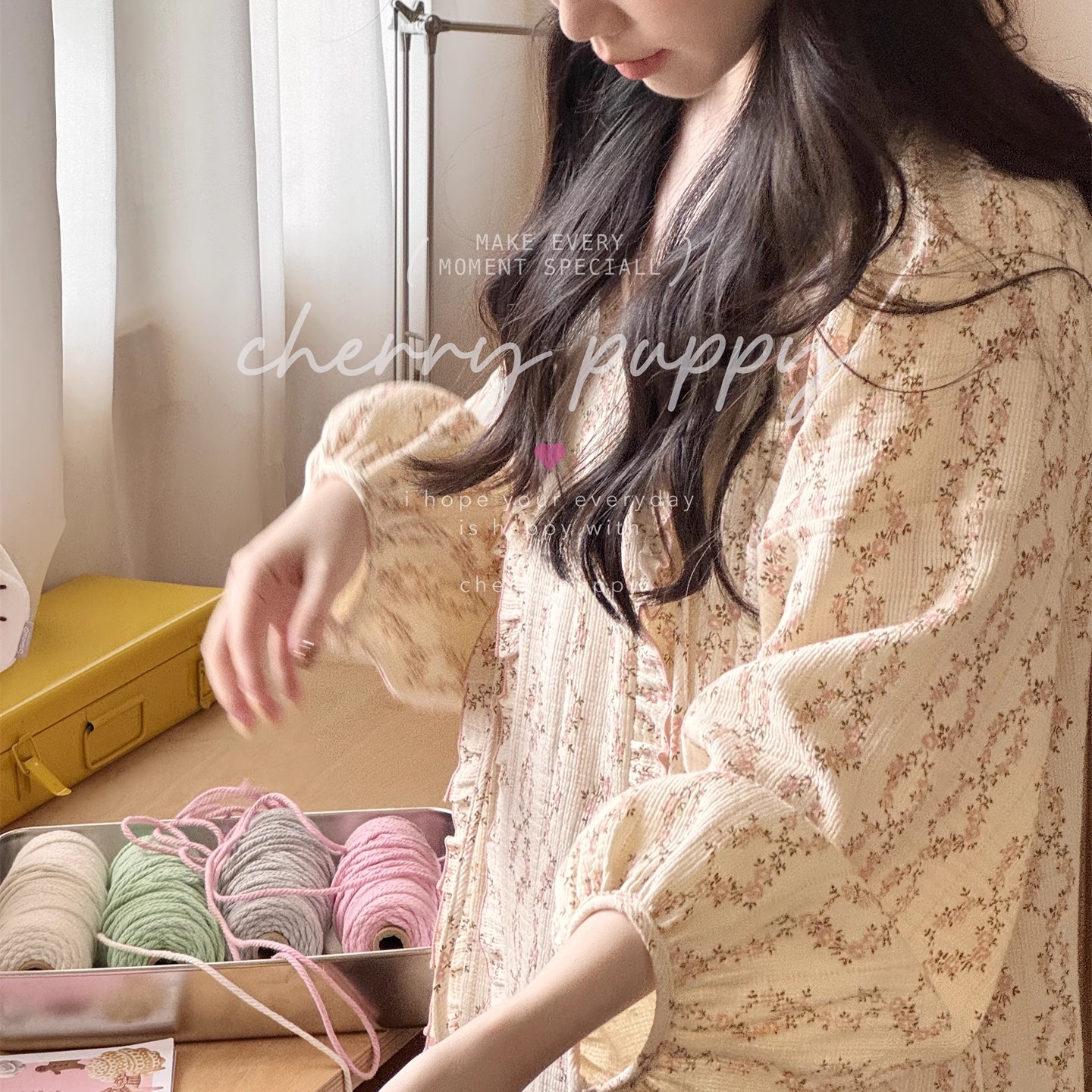 双层棉纱睡裙长袖长裤套装家居服