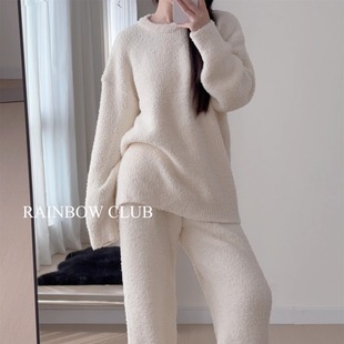 秋冬半边绒云朵软绵绵家居服原色简约云朵感圆领上衣长裤可外穿女