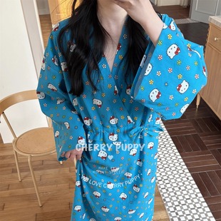 全棉磨毛长袖睡裙可爱和服系带昭和小猫纯棉卡通睡衣家居服套装女