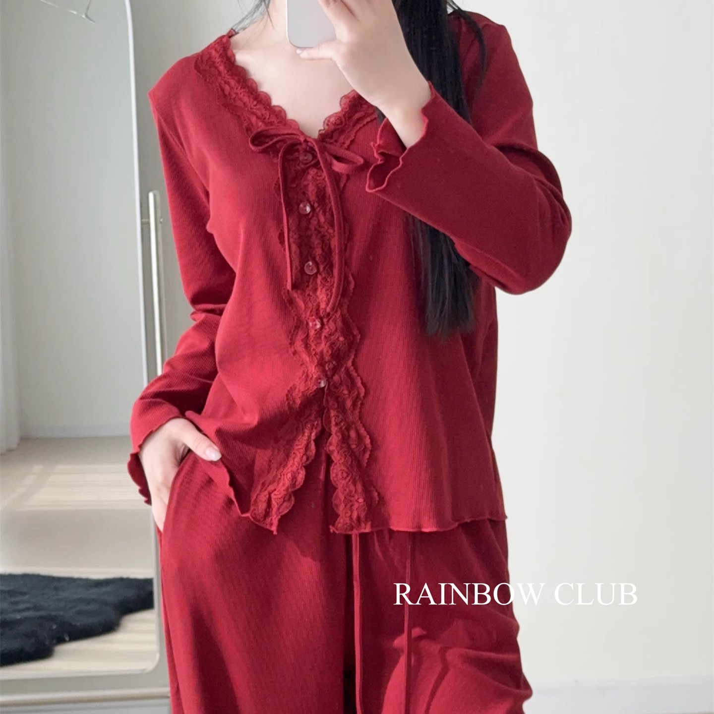 新年红本命年节日氛围再生纤维性感蕾丝显瘦纯欲风睡衣家居服女士