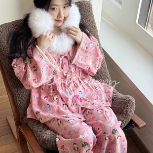 秋冬拉绒磨毛长袖长裤套装睡裙睡衣居家服可爱卡通舒适纯棉韩国女