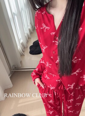 新年节日大红色甜美蝴蝶结亲肤裸感柔软家居服可外穿本命年睡衣女