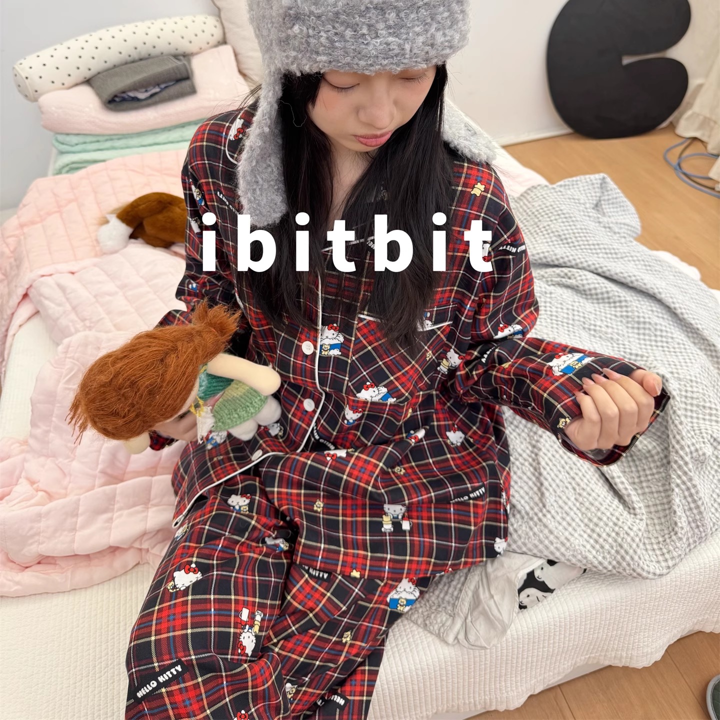 全棉圣诞红格子卡通家居服套装女