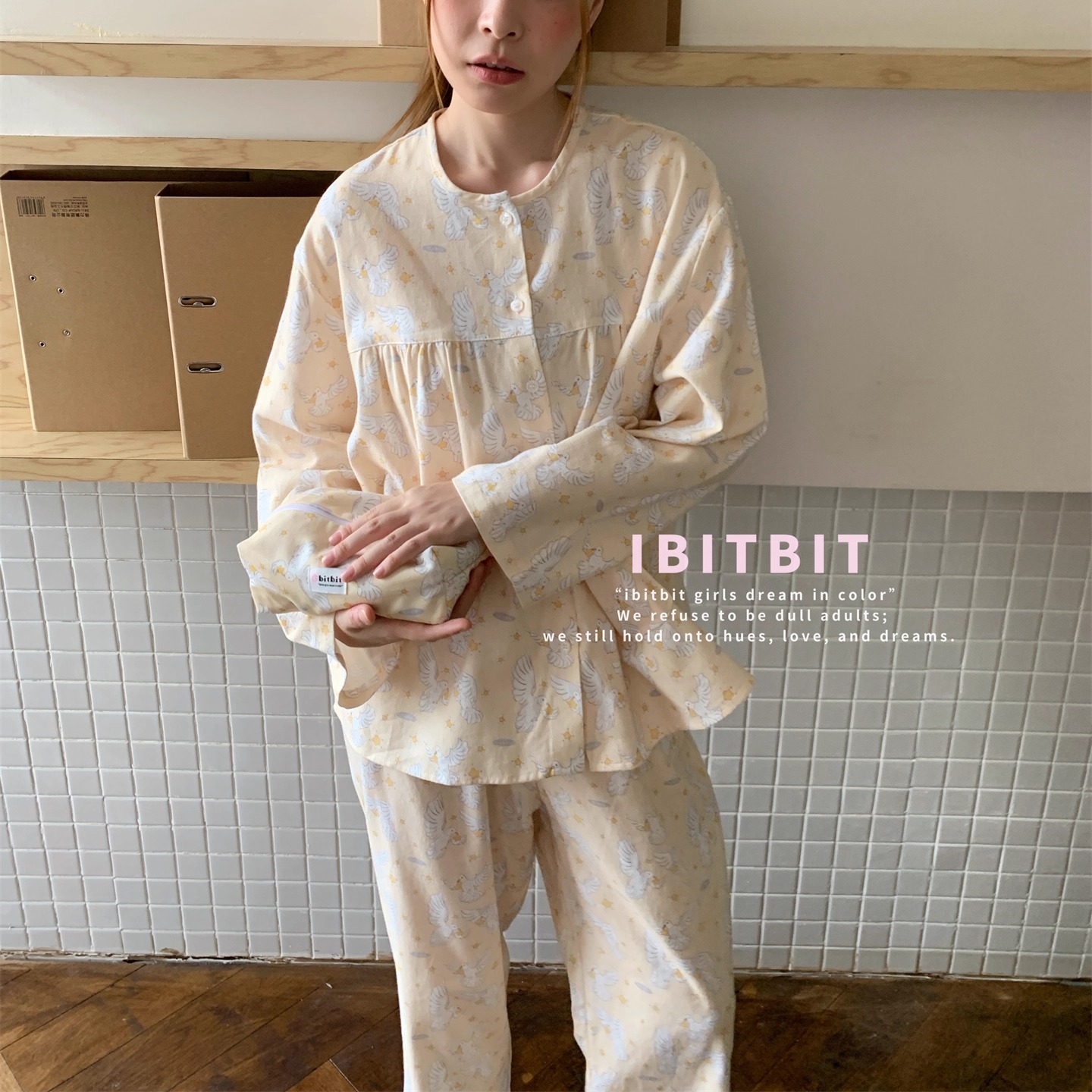 磨毛全棉卡通圆领开衫家居服套装