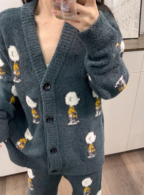 清仓 男女同款秋冬保暖软绵绵墨绿色史努比开衫长裤睡衣家居服