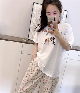 可外穿睡裤短裤春夏可爱米色狗狗乐园休闲居家薄款纯棉家居长裤女