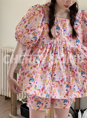 Cherry Bomb夏可爱粉草莓芝士油画感全棉短袖短裤宽松睡衣家居服