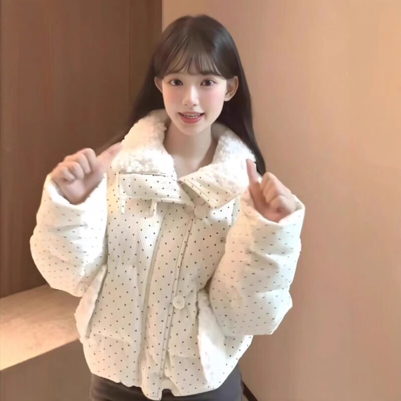 灯芯绒波点加厚短款棉服女冬季
