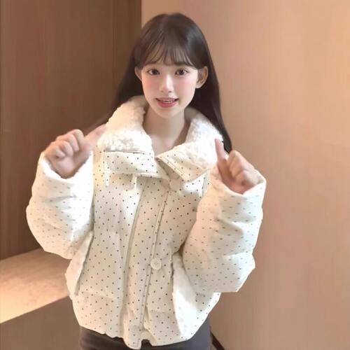 灯芯绒波点加厚短款棉服女冬季