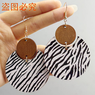 欧美波西米亚几何圆形耳环木片切割粘格子纹皮革拼接圆形豹纹耳坠